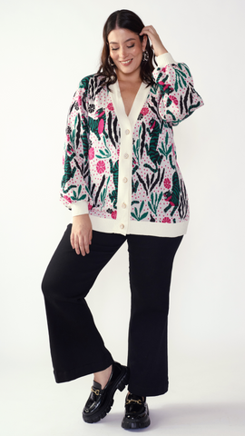 Fiera Jacquard Cardigan – Cream Embroidered