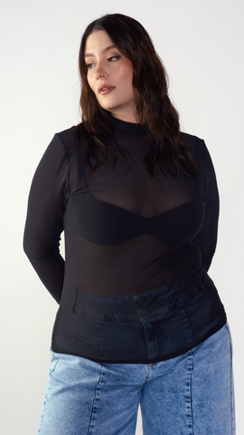 DISCOLA® Mesh Celes Top – Black Semi-Mock Neck