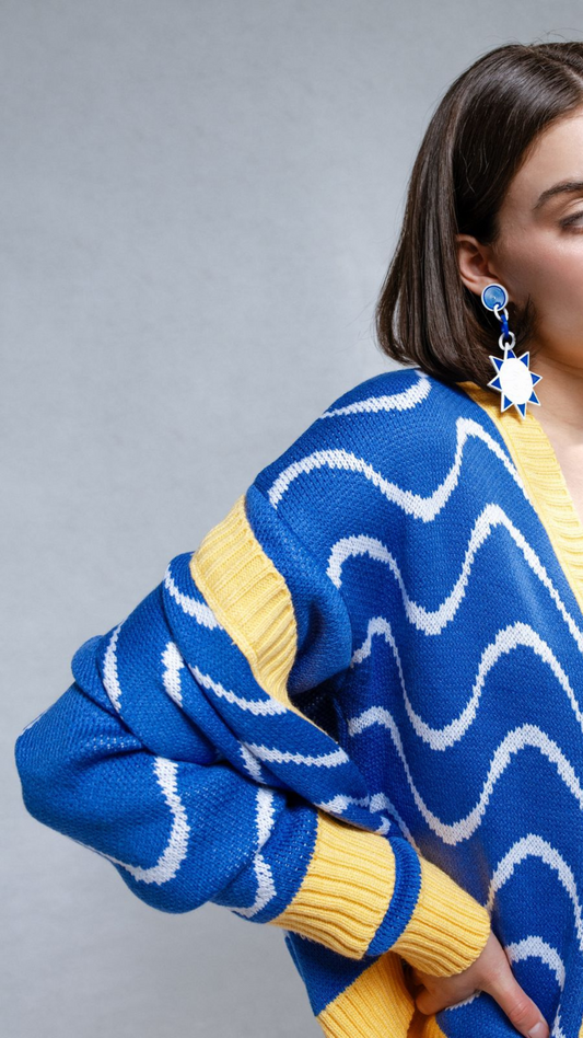 MAGLIONE Cardigan – Elemento Agua – Blue/Yellow Waves