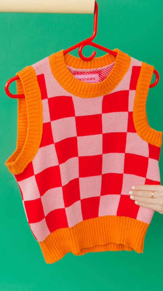 MAGLIONE Knit Vest – Fun Check – Pink/Orange