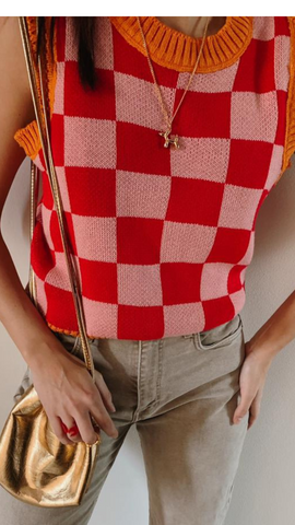 MAGLIONE Knit Vest – Fun Check – Pink/Orange